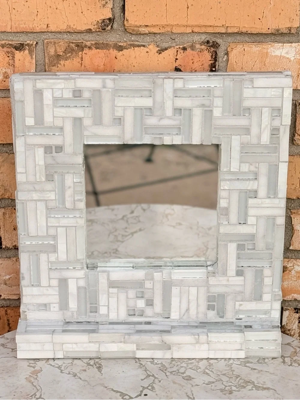 White Mosaic Tabletop Vanity Mirror- Modern Tiled Frame With 6x6” Inside Mirror